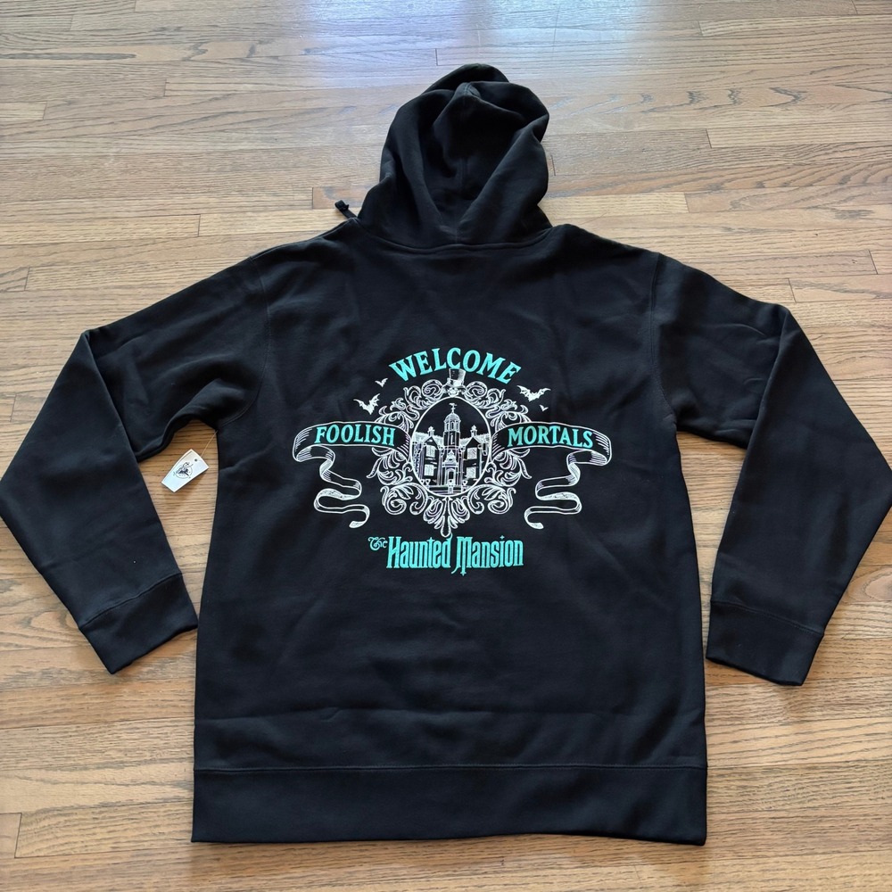 Disney Haunted Mansion Foolish Mortals Zip Hoodie Black Hatbox Ghost Medium NEW